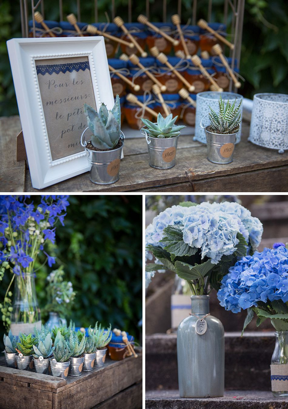 Décoration de mariage romantique bleu et lin