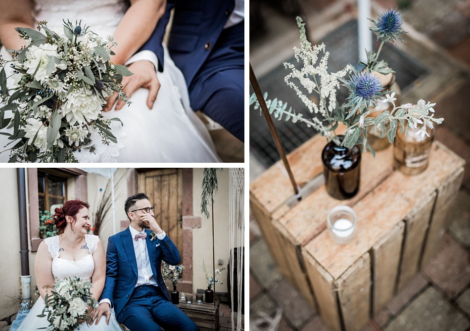 mariage bleu et ardoise dans une scierie