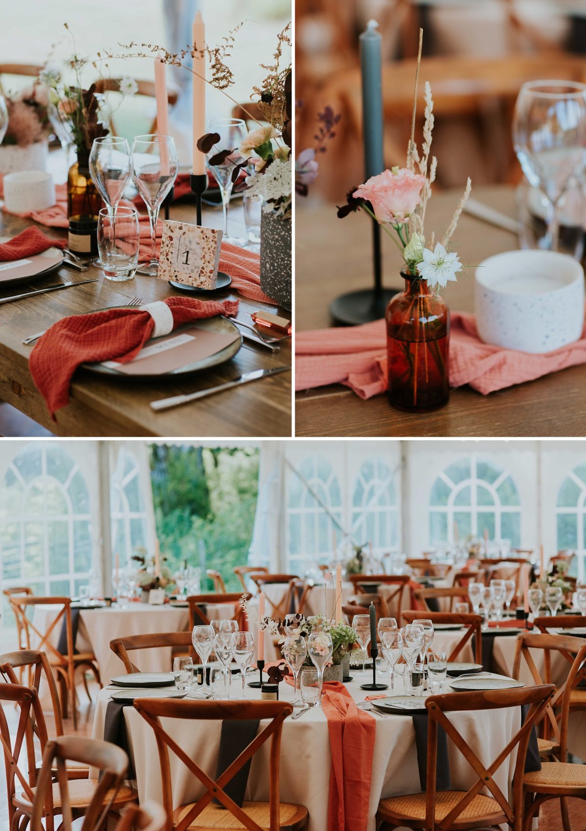 mariage moderne brique et terrazzo au domaine de saint loup en Alsace