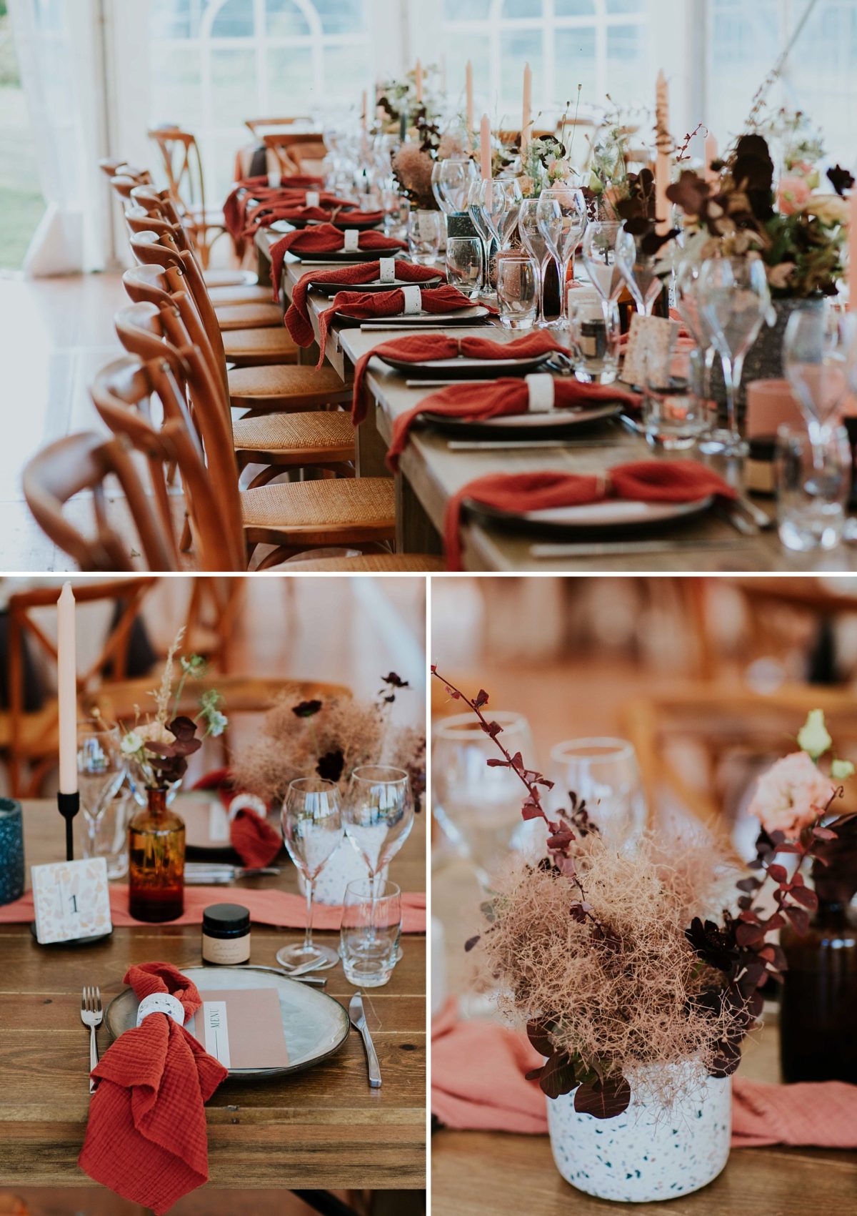 mariage moderne brique et terrazzo au domaine de saint loup en Alsace