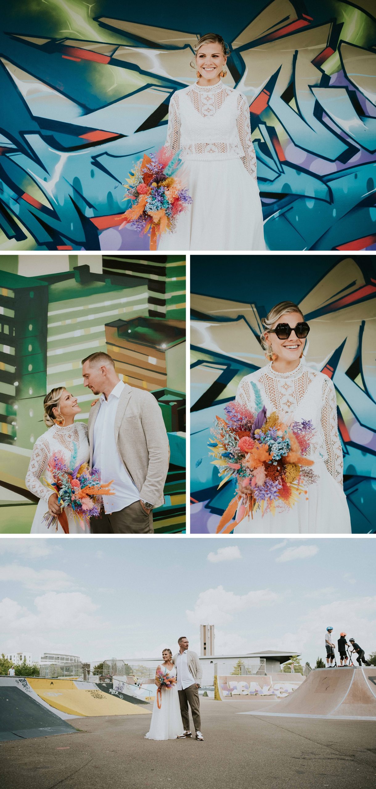 couple mariage colorfull skate park