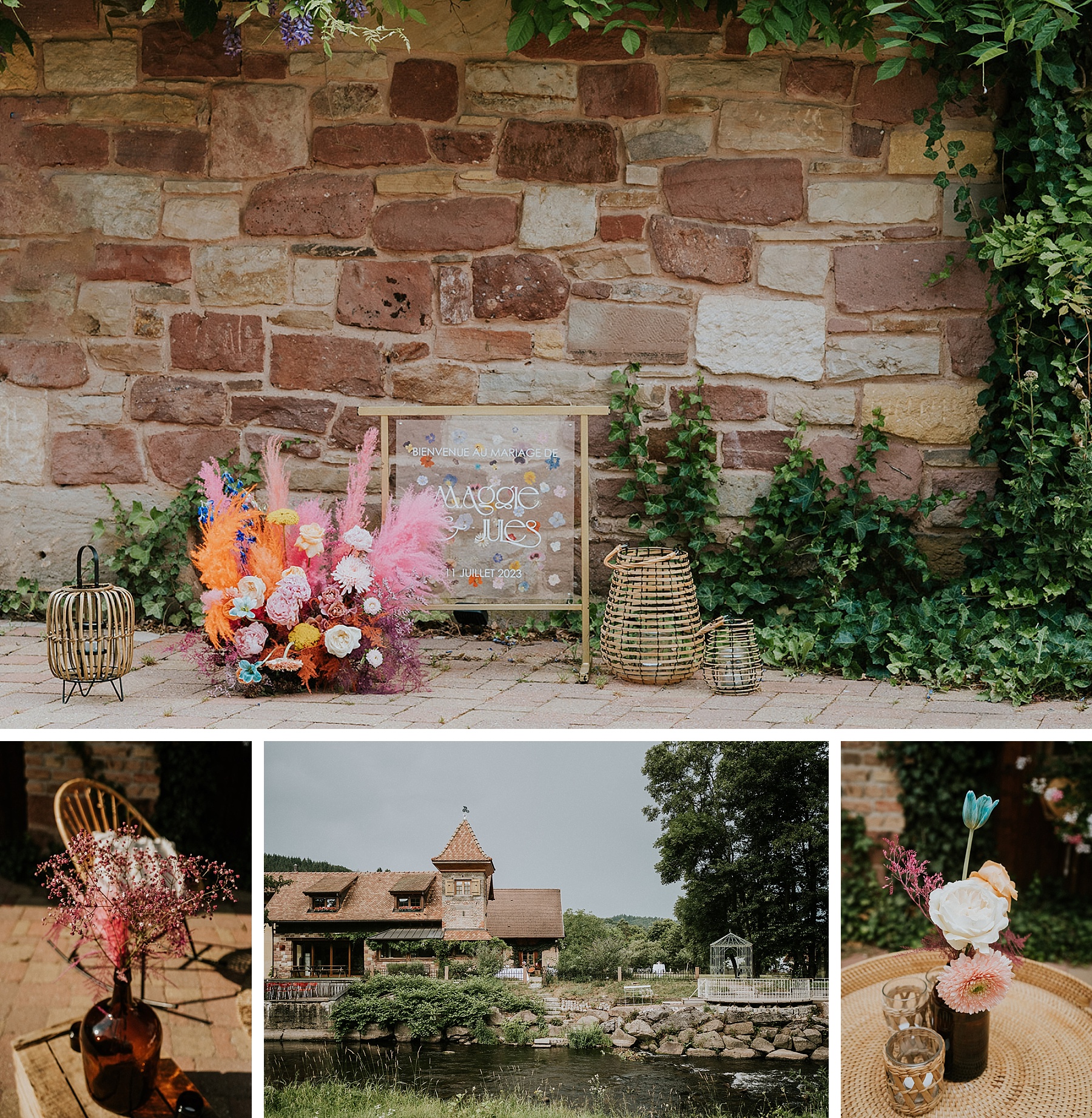 mariage coloré fleurs pressées panneau de bienvenue