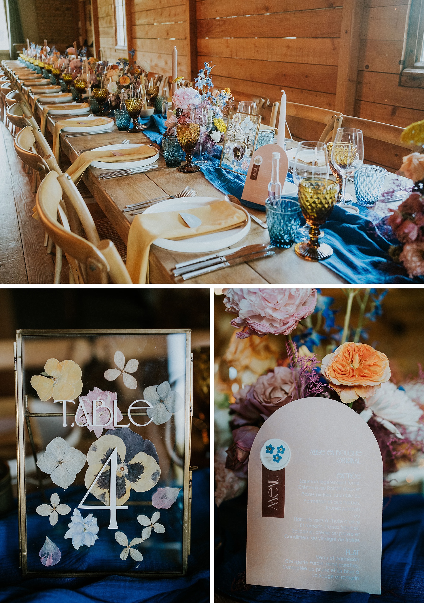 mariage coloré fleurs pressées menus et numéros de table