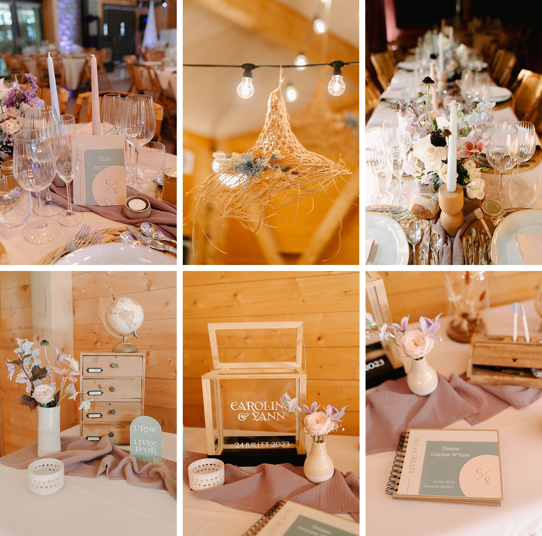 Mariage mauve terracotta bleu ciel, panneau détails décoration