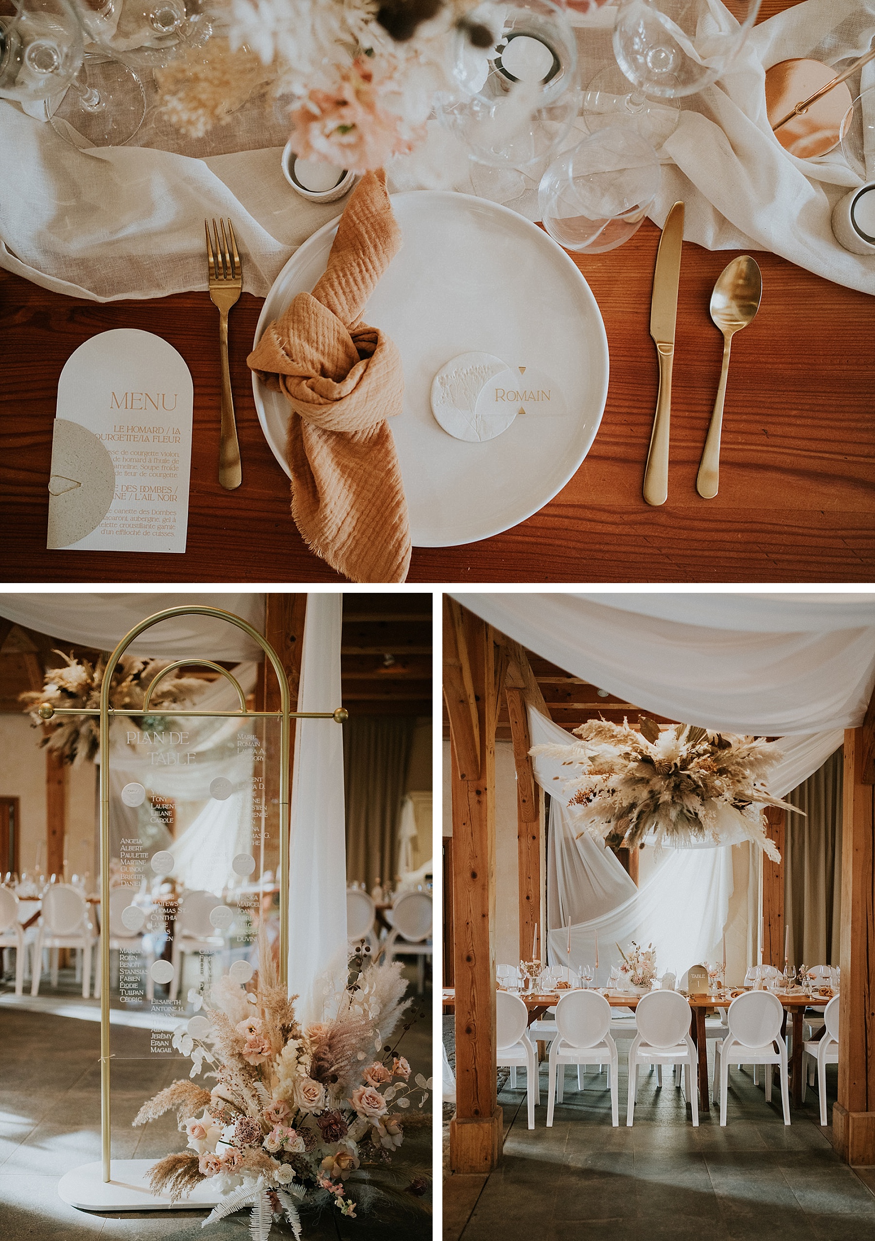 mariage moderne ocre et nude déco salle et table